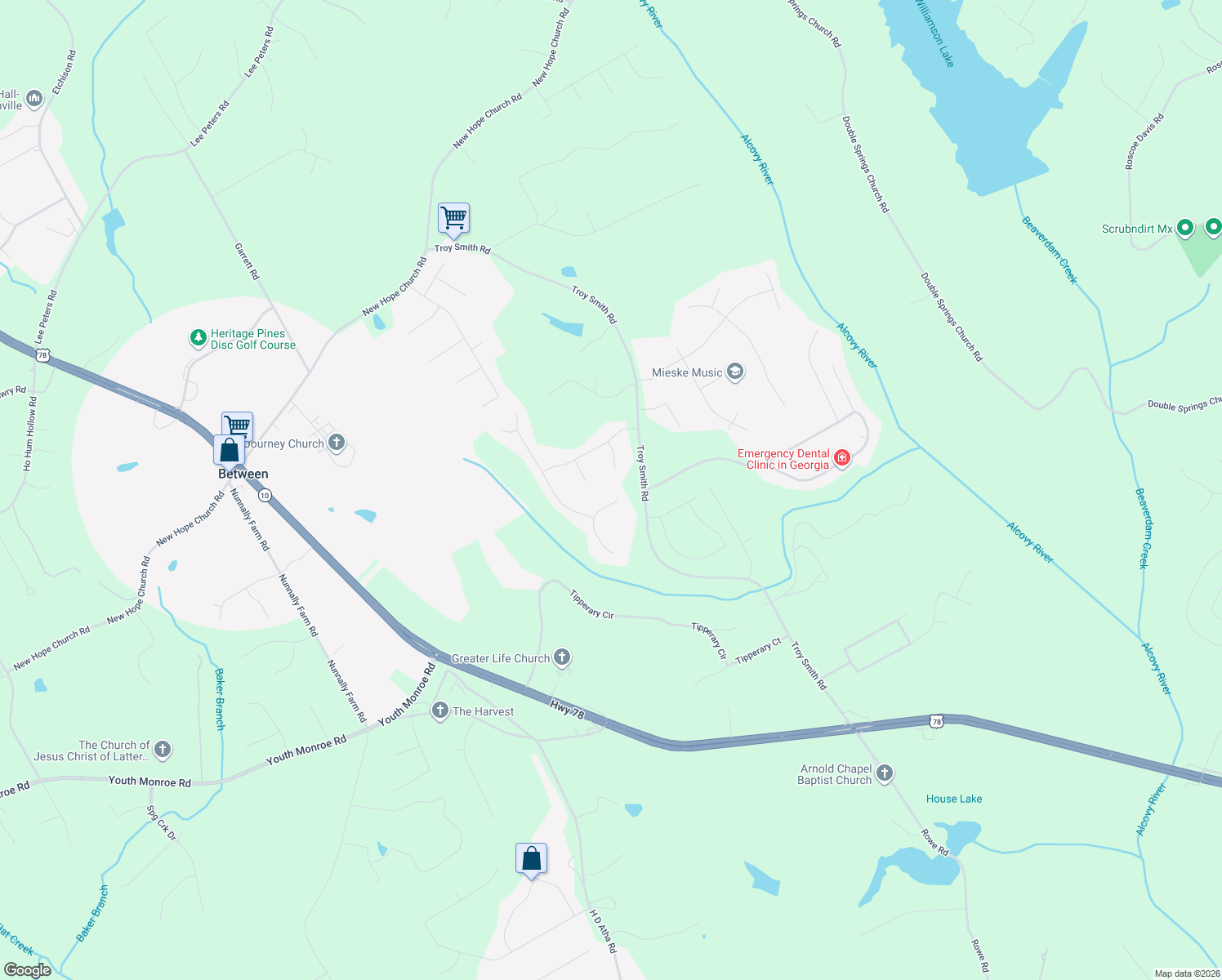 map of restaurants, bars, coffee shops, grocery stores, and more near 2313 Acorn Way in Monroe