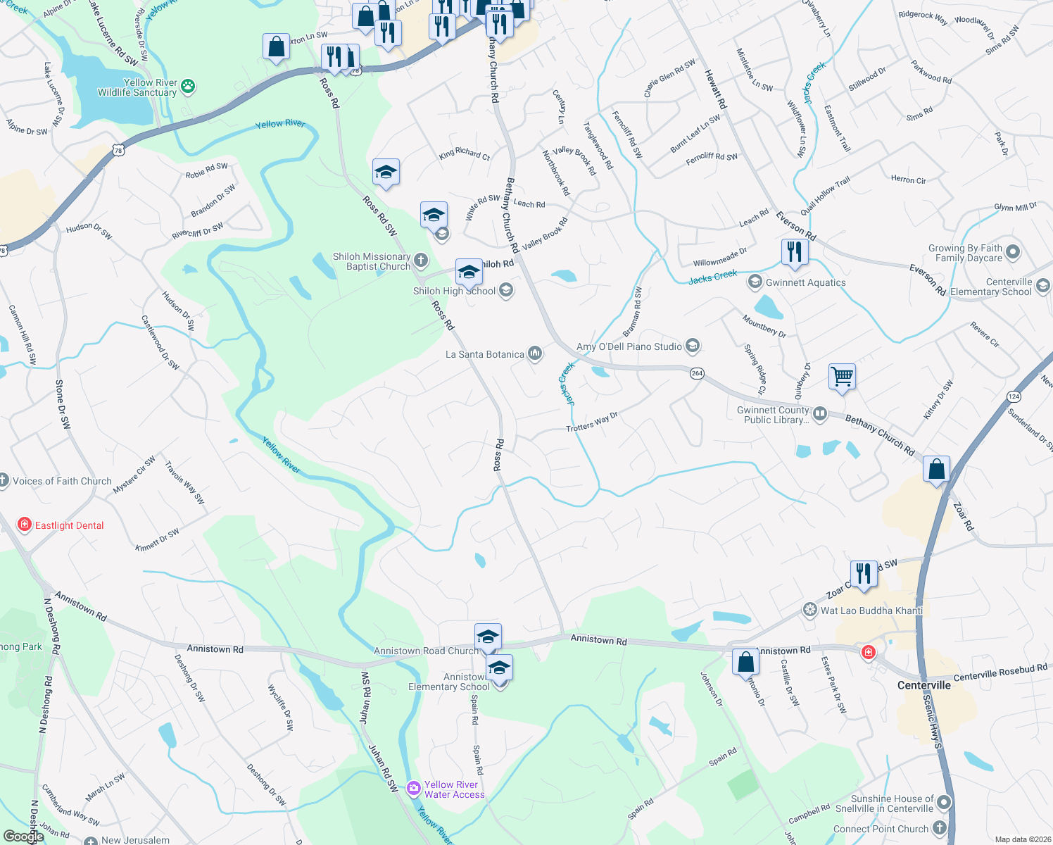 map of restaurants, bars, coffee shops, grocery stores, and more near 4336 Burgomeister Place in Snellville