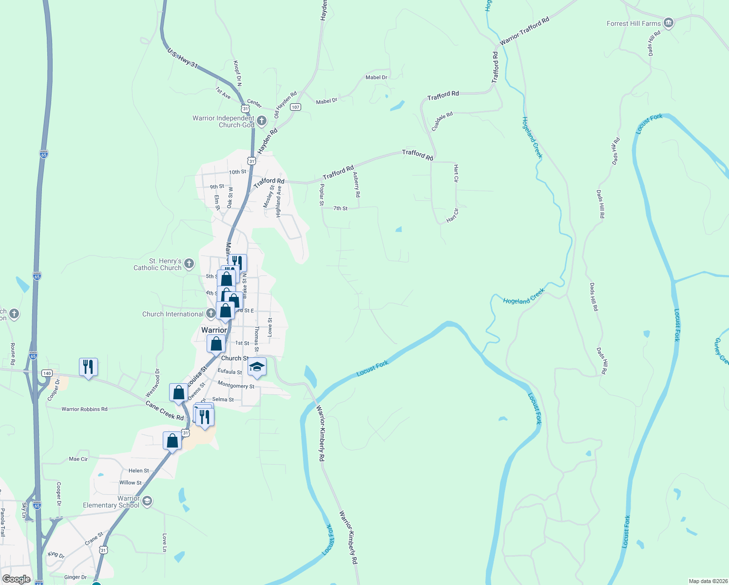 map of restaurants, bars, coffee shops, grocery stores, and more near 483 Poplar Street in Warrior