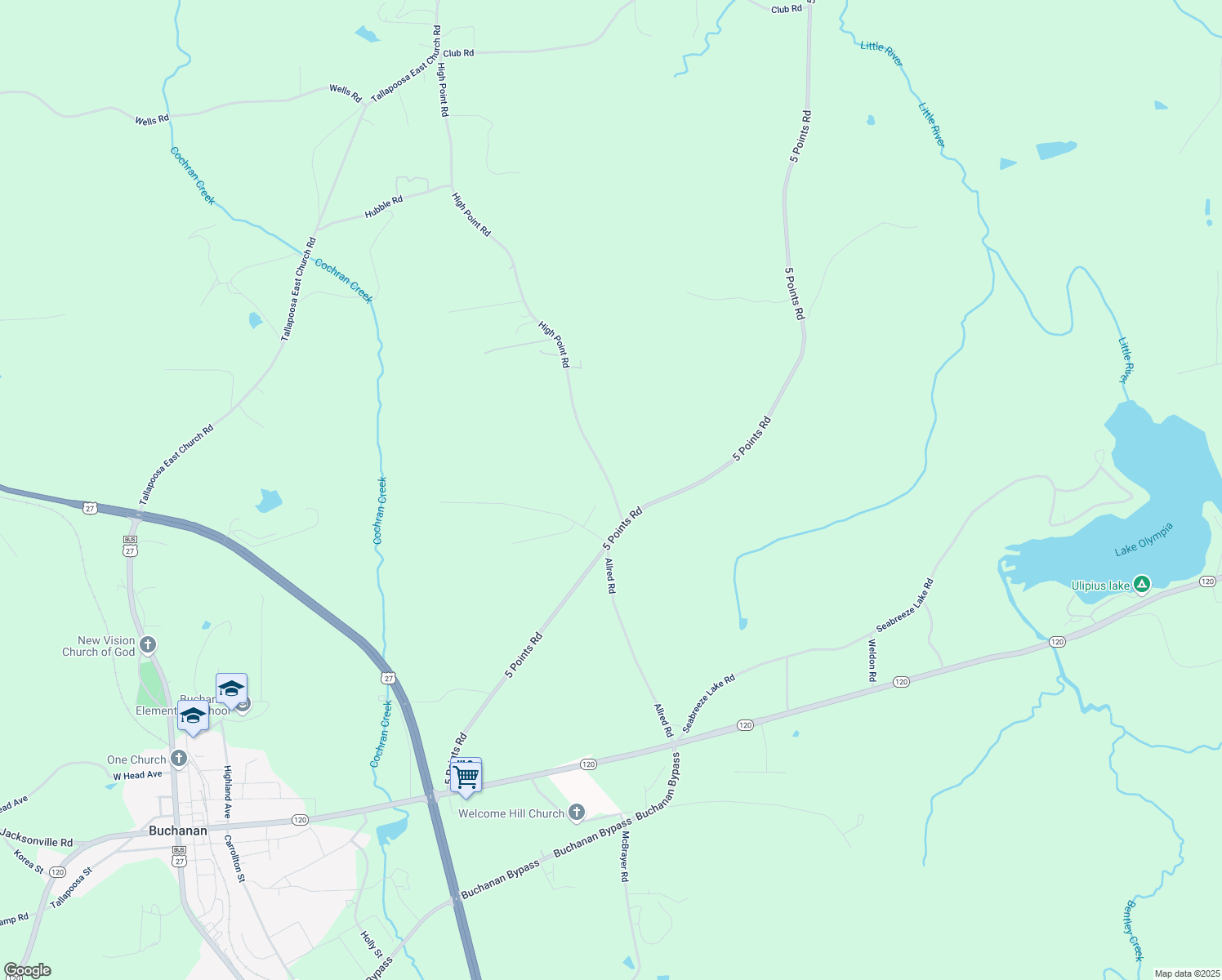 map of restaurants, bars, coffee shops, grocery stores, and more near 90 High Point Road in Buchanan