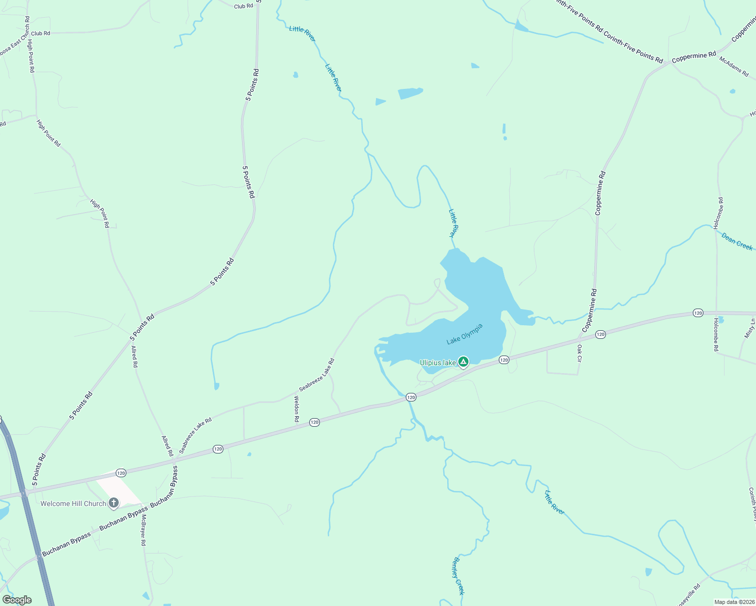 map of restaurants, bars, coffee shops, grocery stores, and more near 1079 Seabreeze Lake Road in Buchanan