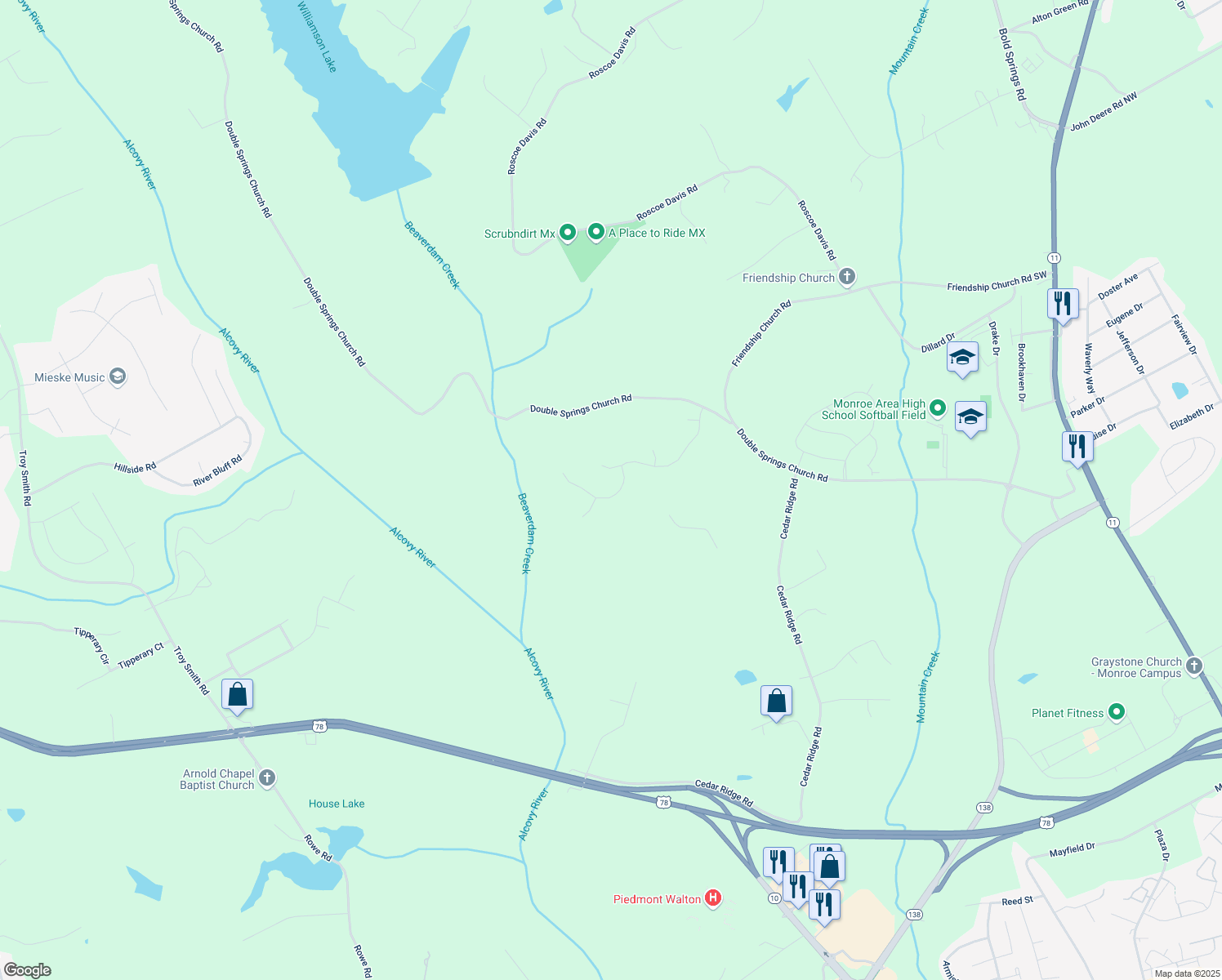 map of restaurants, bars, coffee shops, grocery stores, and more near 1609 Audrey Ridge in Monroe