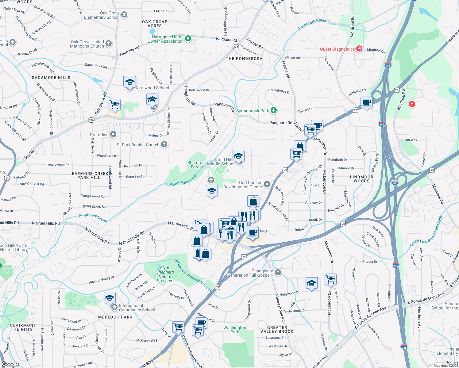map of restaurants, bars, coffee shops, grocery stores, and more near 1275 Blueberry Trail in Decatur