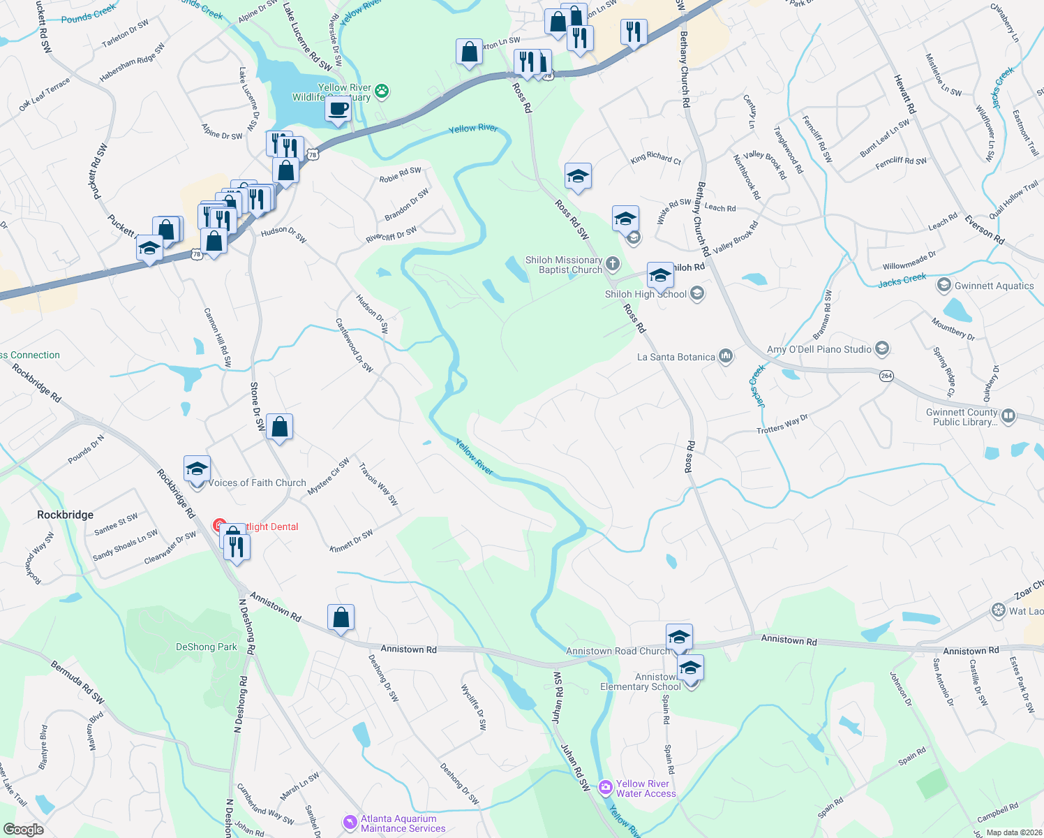 map of restaurants, bars, coffee shops, grocery stores, and more near 2609 Sherman Oaks Drive in Snellville