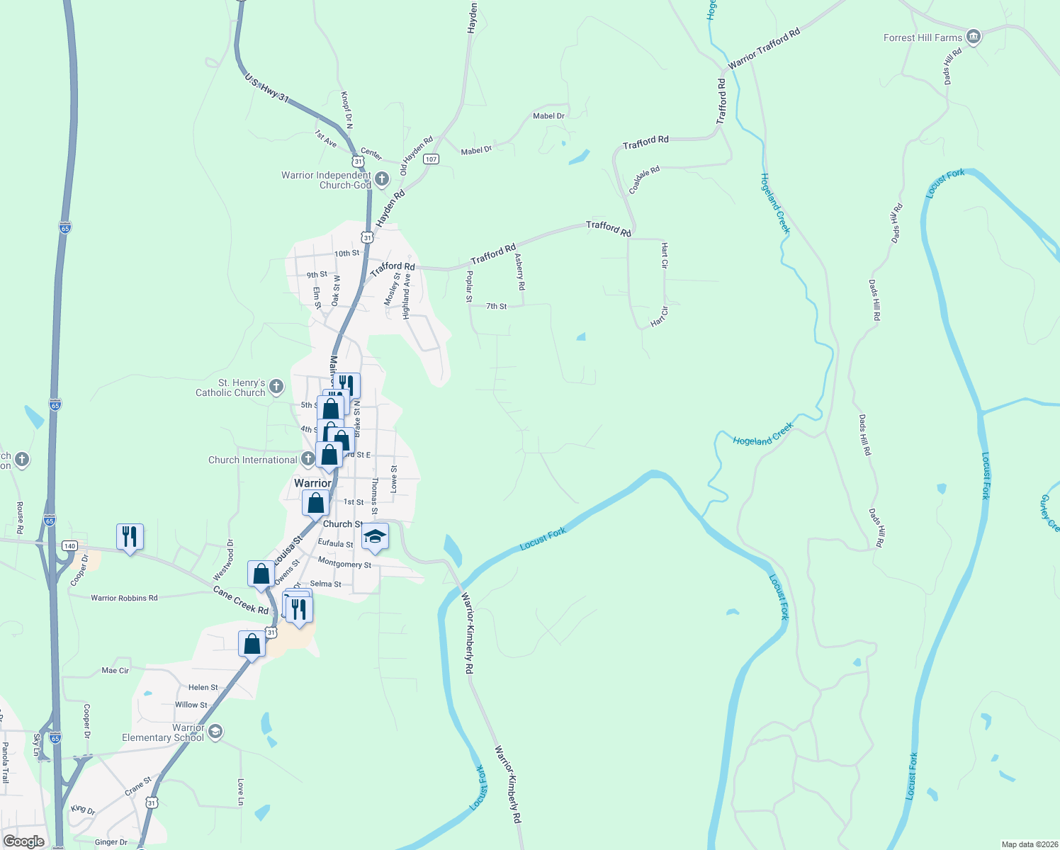 map of restaurants, bars, coffee shops, grocery stores, and more near 483 Poplar Street in Warrior