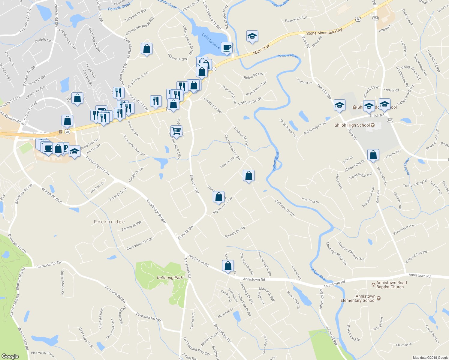 map of restaurants, bars, coffee shops, grocery stores, and more near 4833 Carlene Way Southwest in Lilburn