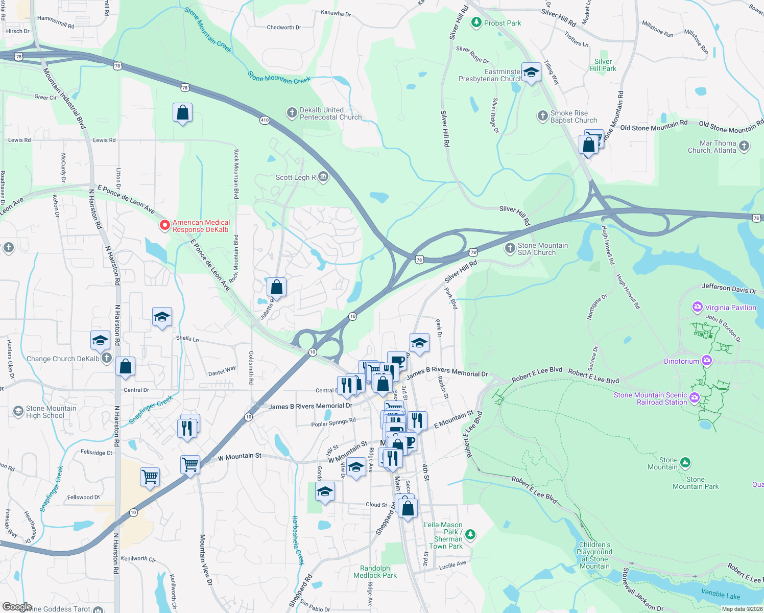 map of restaurants, bars, coffee shops, grocery stores, and more near 1271 Briarbrook Ct in Stone Mountain