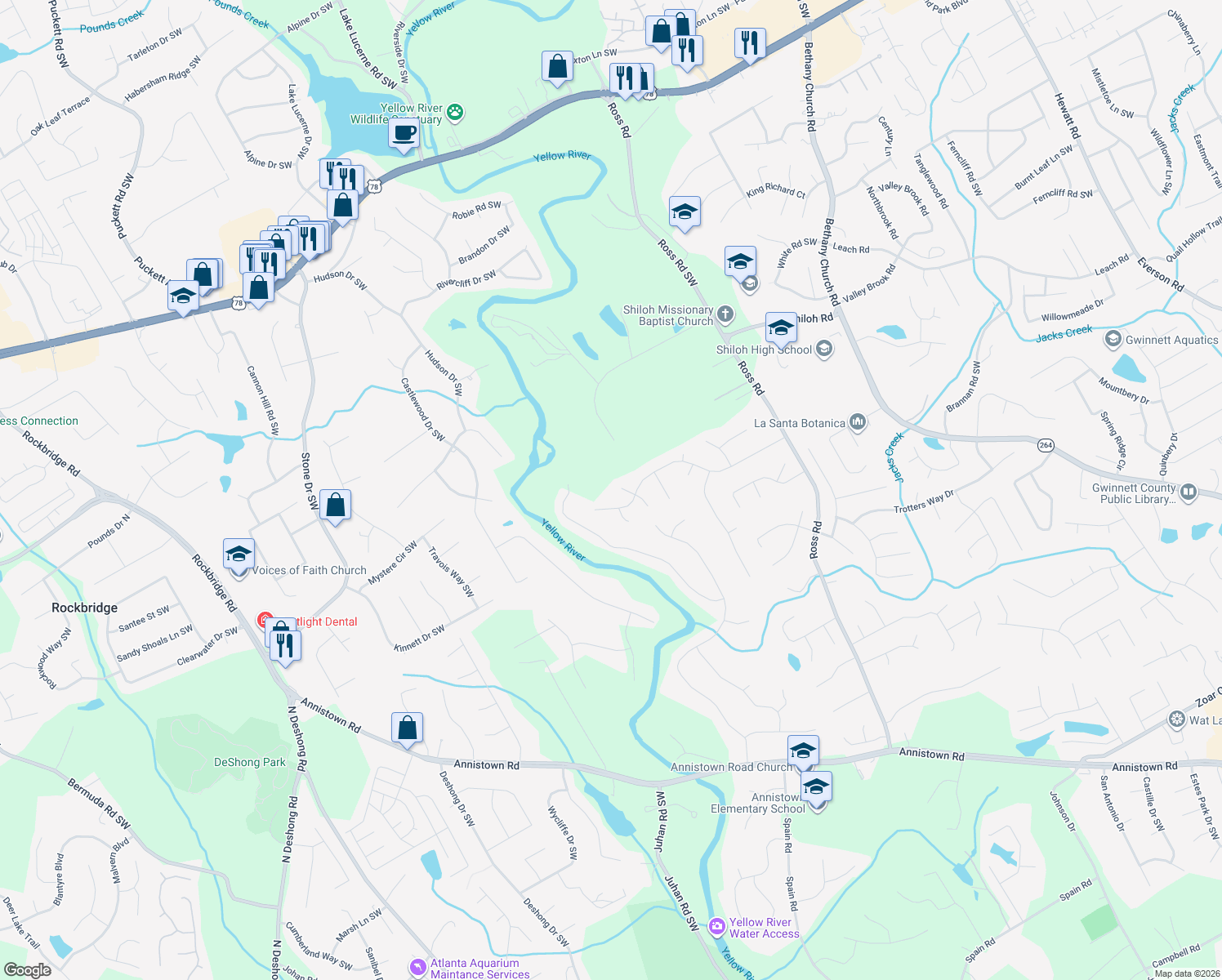 map of restaurants, bars, coffee shops, grocery stores, and more near 2609 Sherman Oaks Drive in Snellville