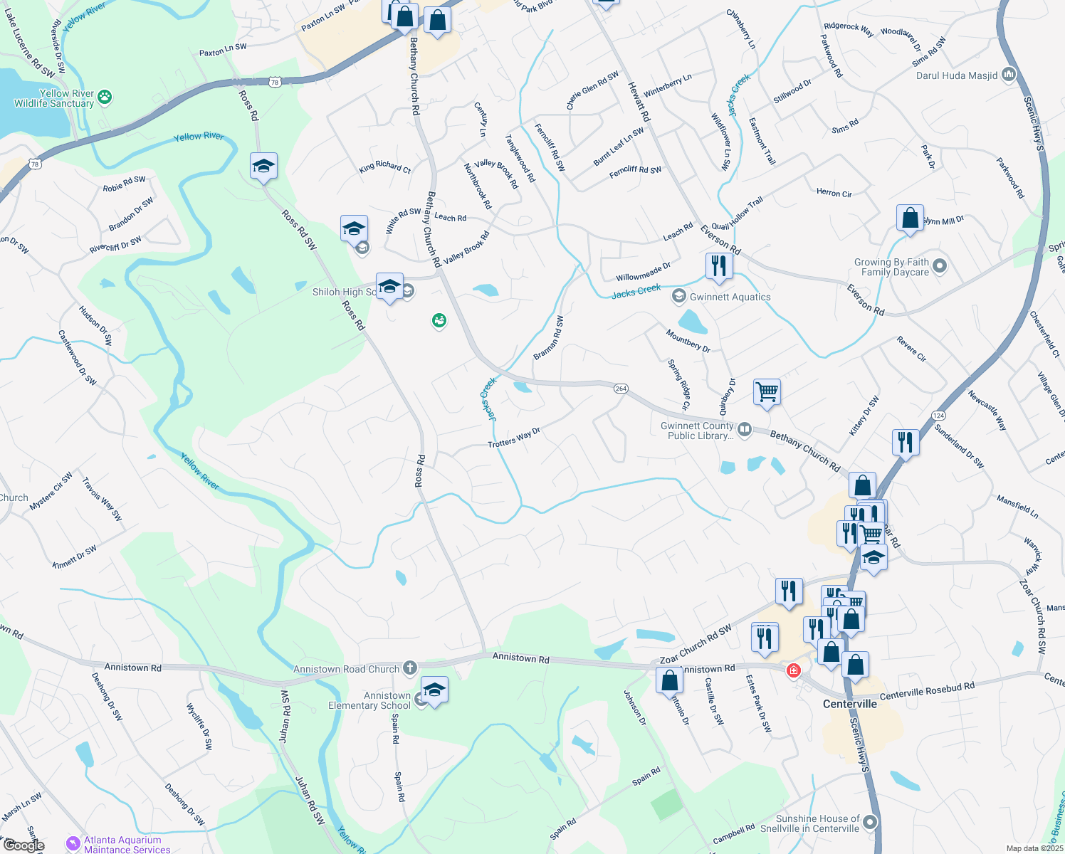 map of restaurants, bars, coffee shops, grocery stores, and more near 4197 Trotters Way Drive in Snellville
