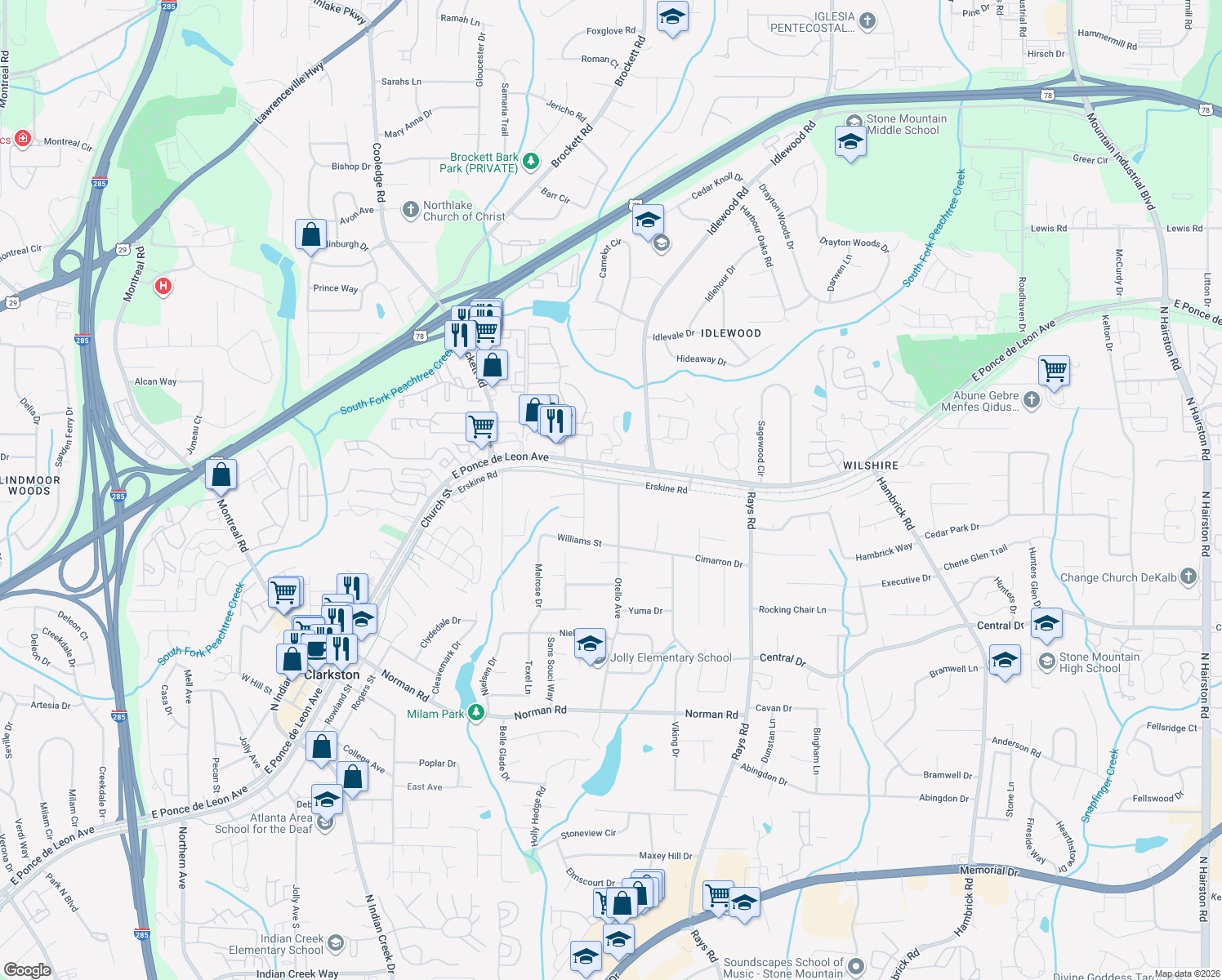map of restaurants, bars, coffee shops, grocery stores, and more near 4417 Erskine Road in Clarkston