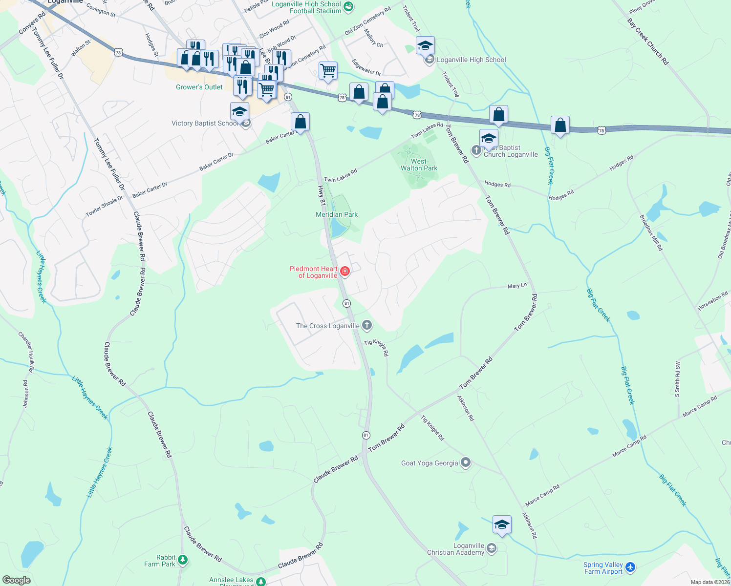 map of restaurants, bars, coffee shops, grocery stores, and more near 181 Village Drive in Loganville