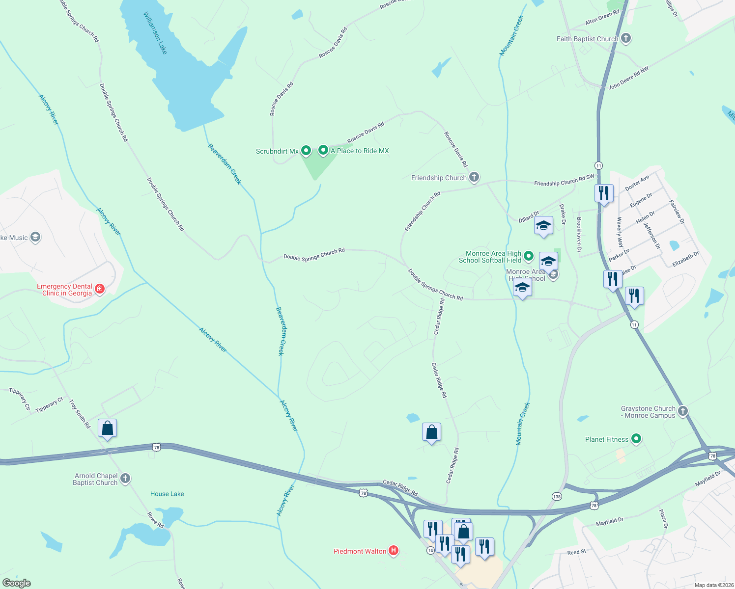 map of restaurants, bars, coffee shops, grocery stores, and more near 1218 Morgans Run in Monroe