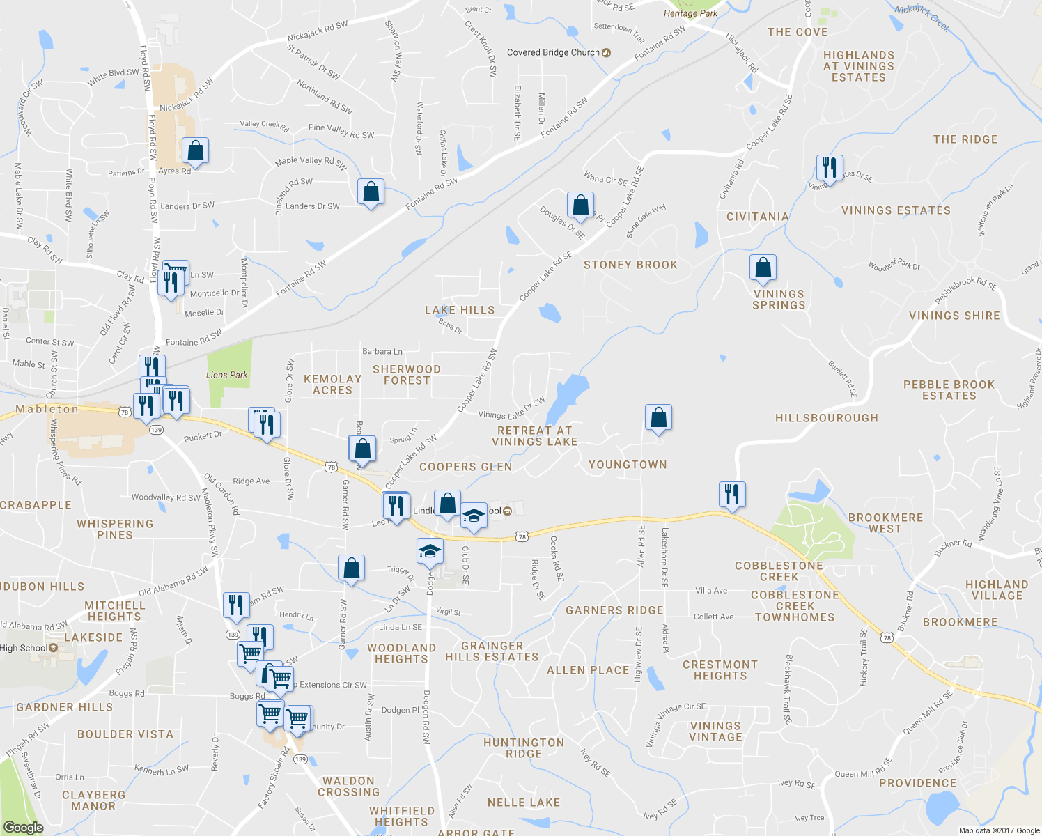 map of restaurants, bars, coffee shops, grocery stores, and more near 5374 Vinings Lake View Southwest in Mableton