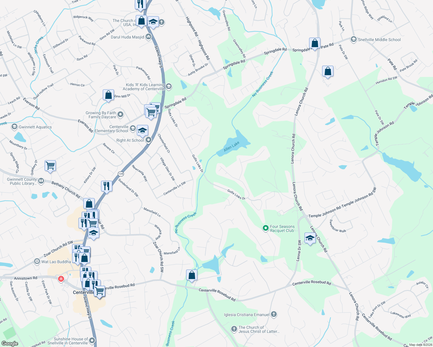 map of restaurants, bars, coffee shops, grocery stores, and more near 3134 Golfe Links Court Southwest in Snellville