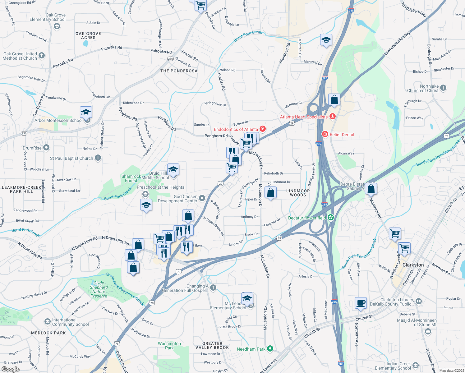 map of restaurants, bars, coffee shops, grocery stores, and more near 3039 Eltham Place in Decatur