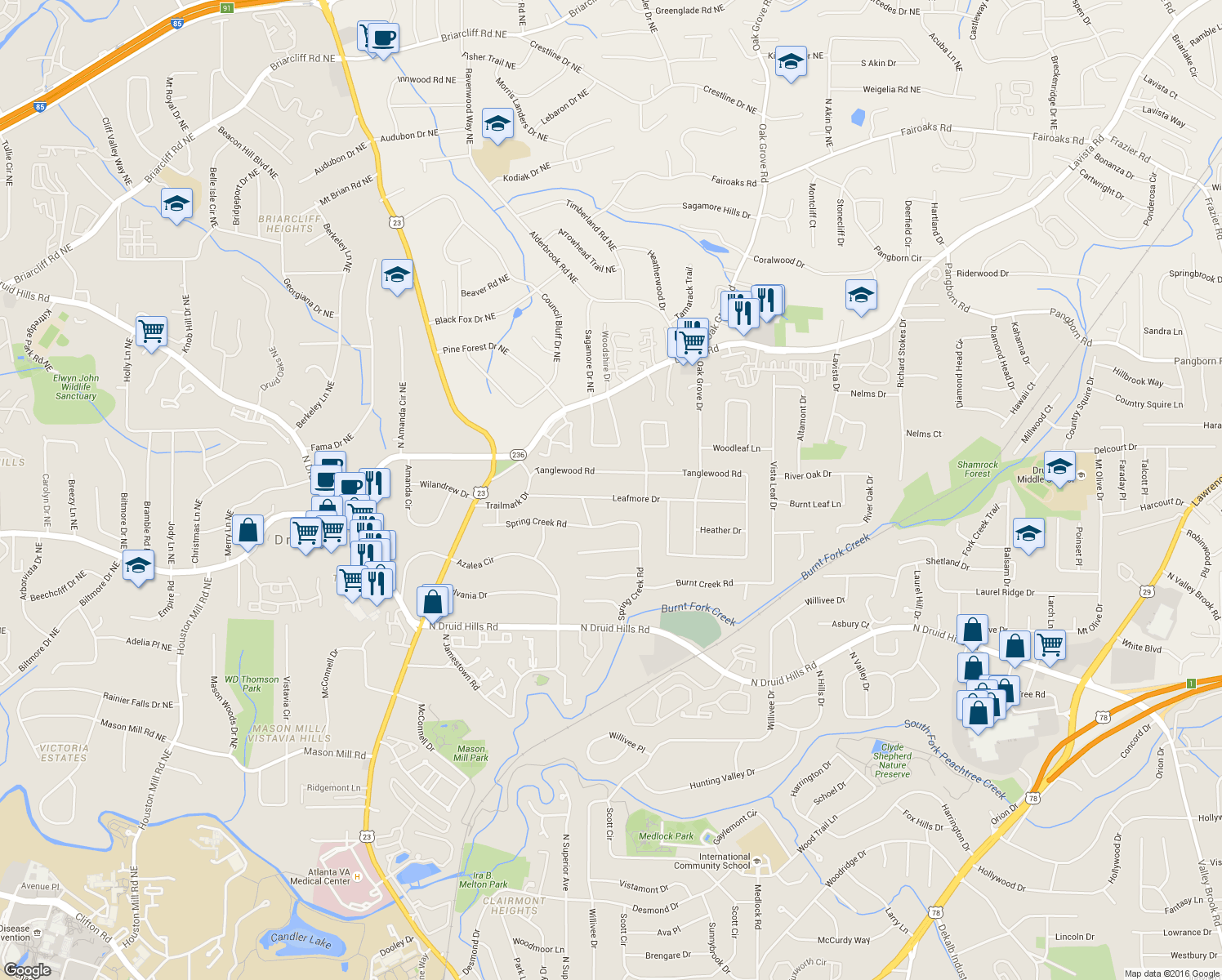 map of restaurants, bars, coffee shops, grocery stores, and more near 2234 Leafmore Dr in Decatur