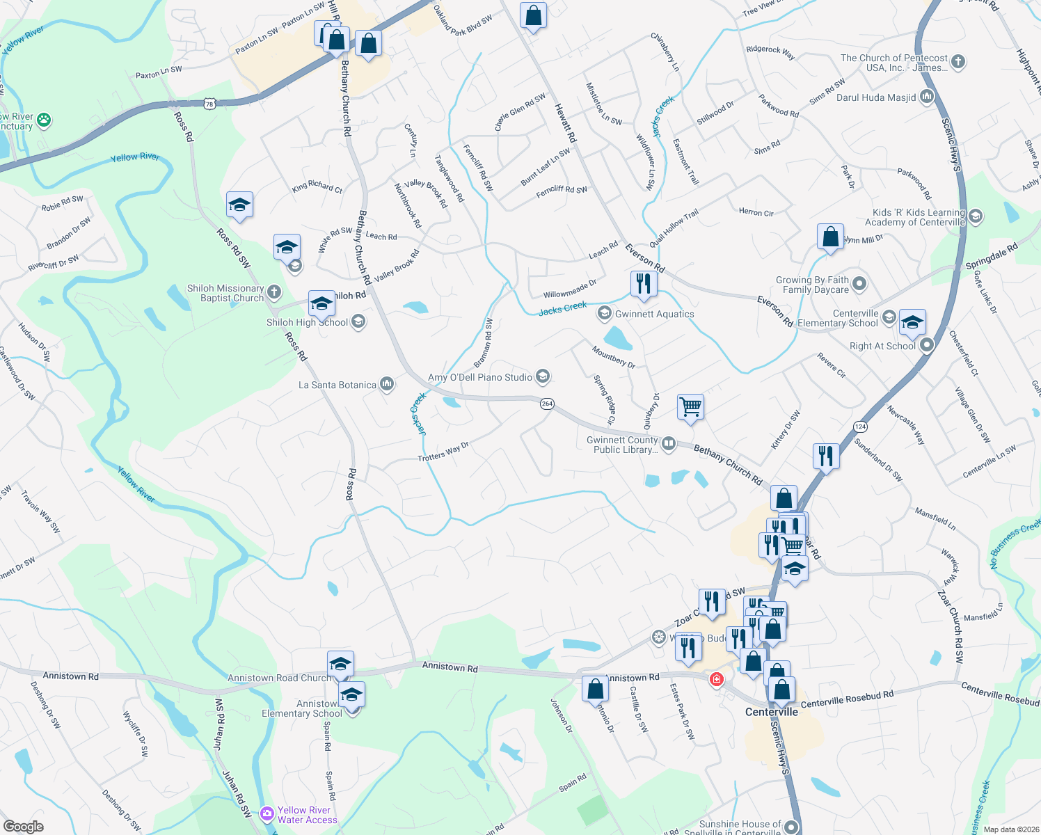 map of restaurants, bars, coffee shops, grocery stores, and more near 4092 Trotters Way Dr in Snellville