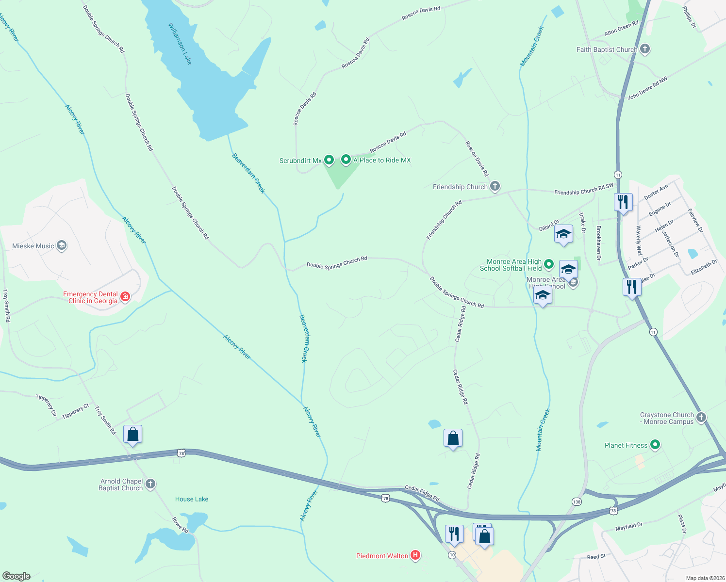 map of restaurants, bars, coffee shops, grocery stores, and more near 1229 Morgans Run in Monroe