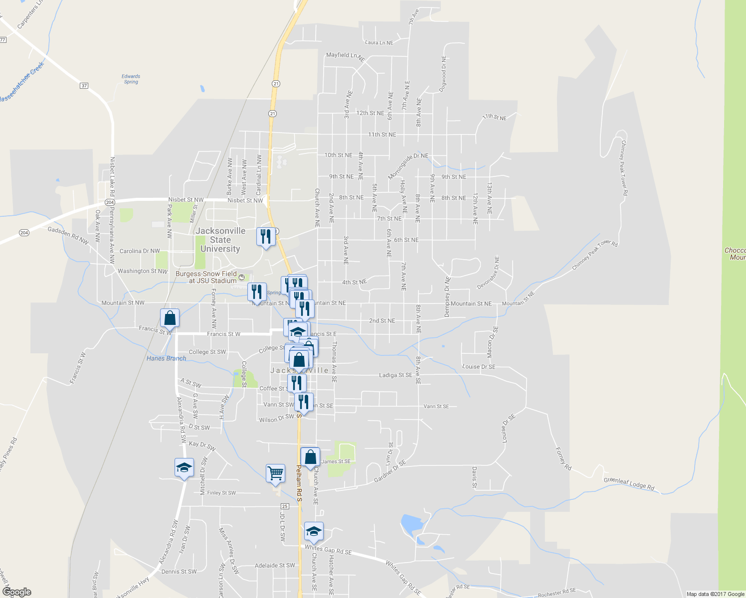 map of restaurants, bars, coffee shops, grocery stores, and more near 506 Mountain Street Northeast in Jacksonville