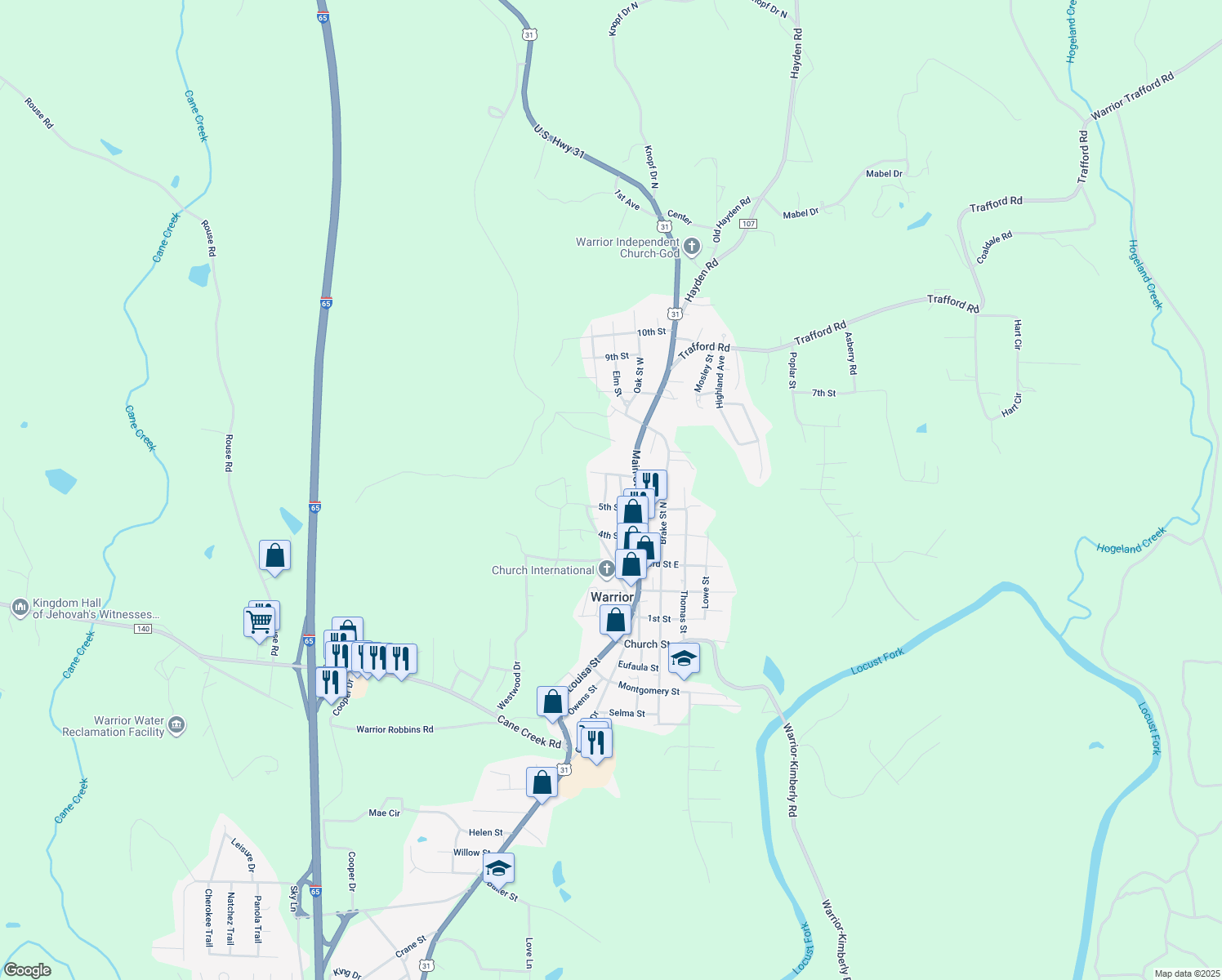 map of restaurants, bars, coffee shops, grocery stores, and more near 508 Goodwin Dr in Warrior