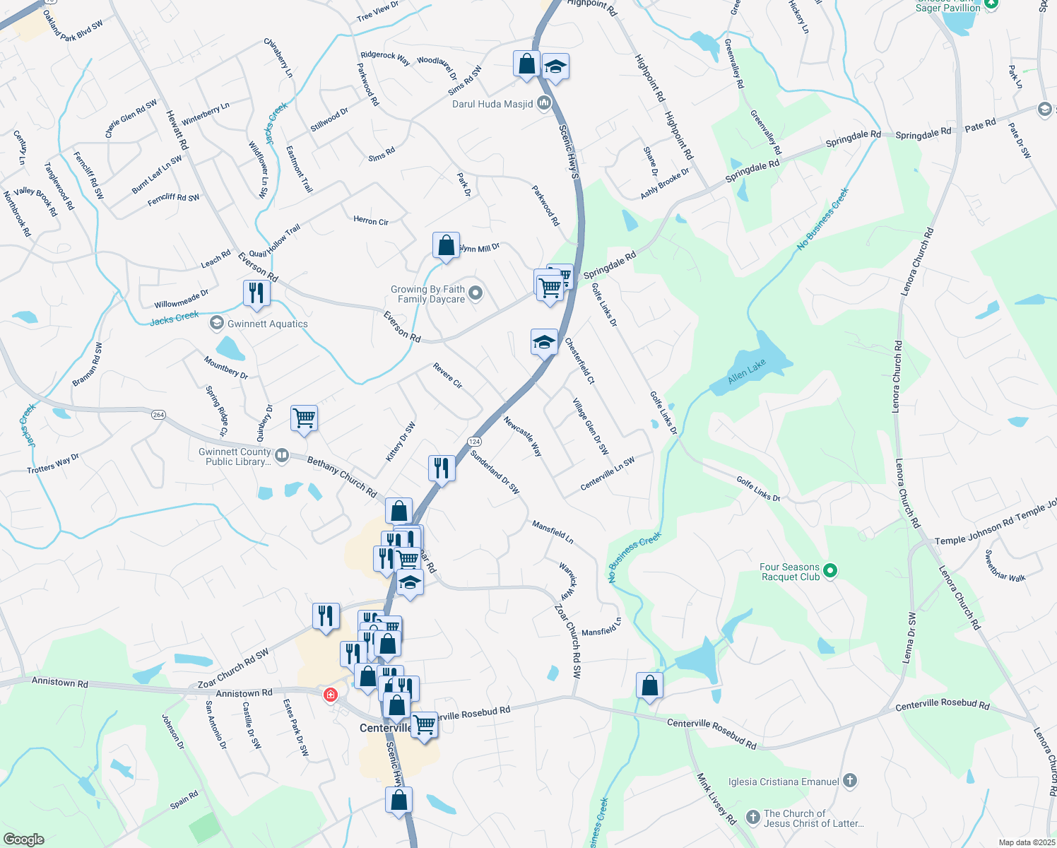 map of restaurants, bars, coffee shops, grocery stores, and more near 3184 Newcastle Way in Snellville