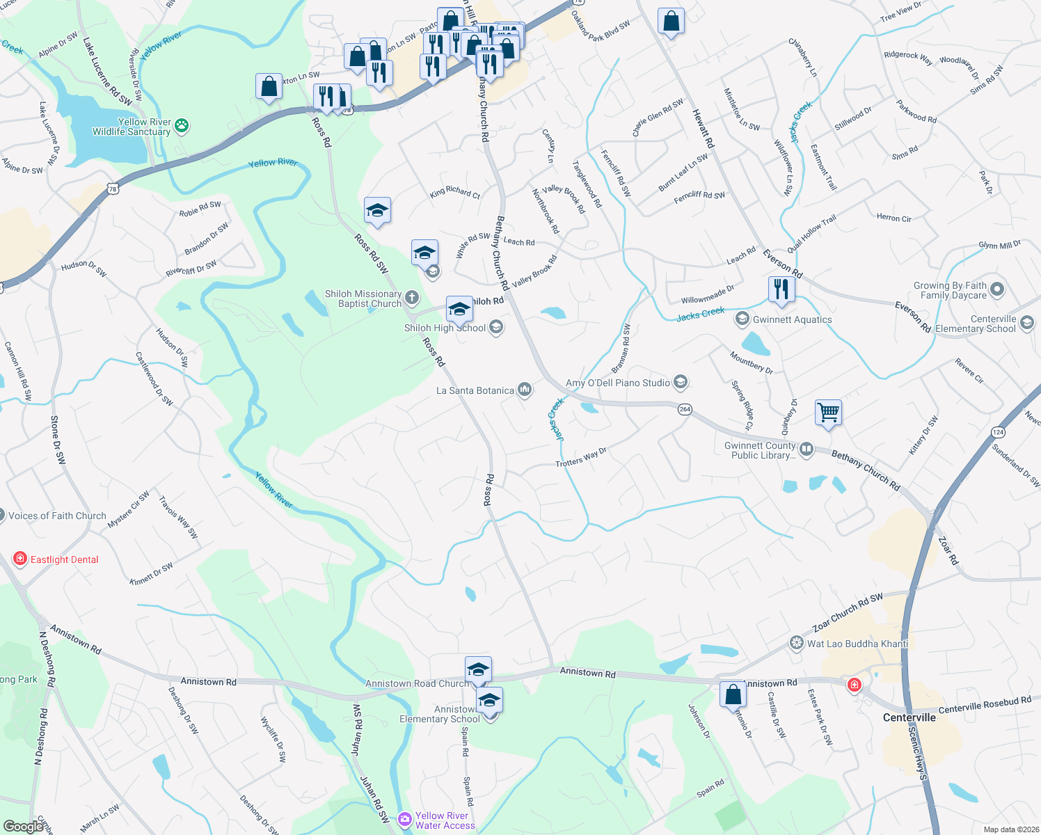 map of restaurants, bars, coffee shops, grocery stores, and more near 2738 Cane Ridge Dr in Snellville