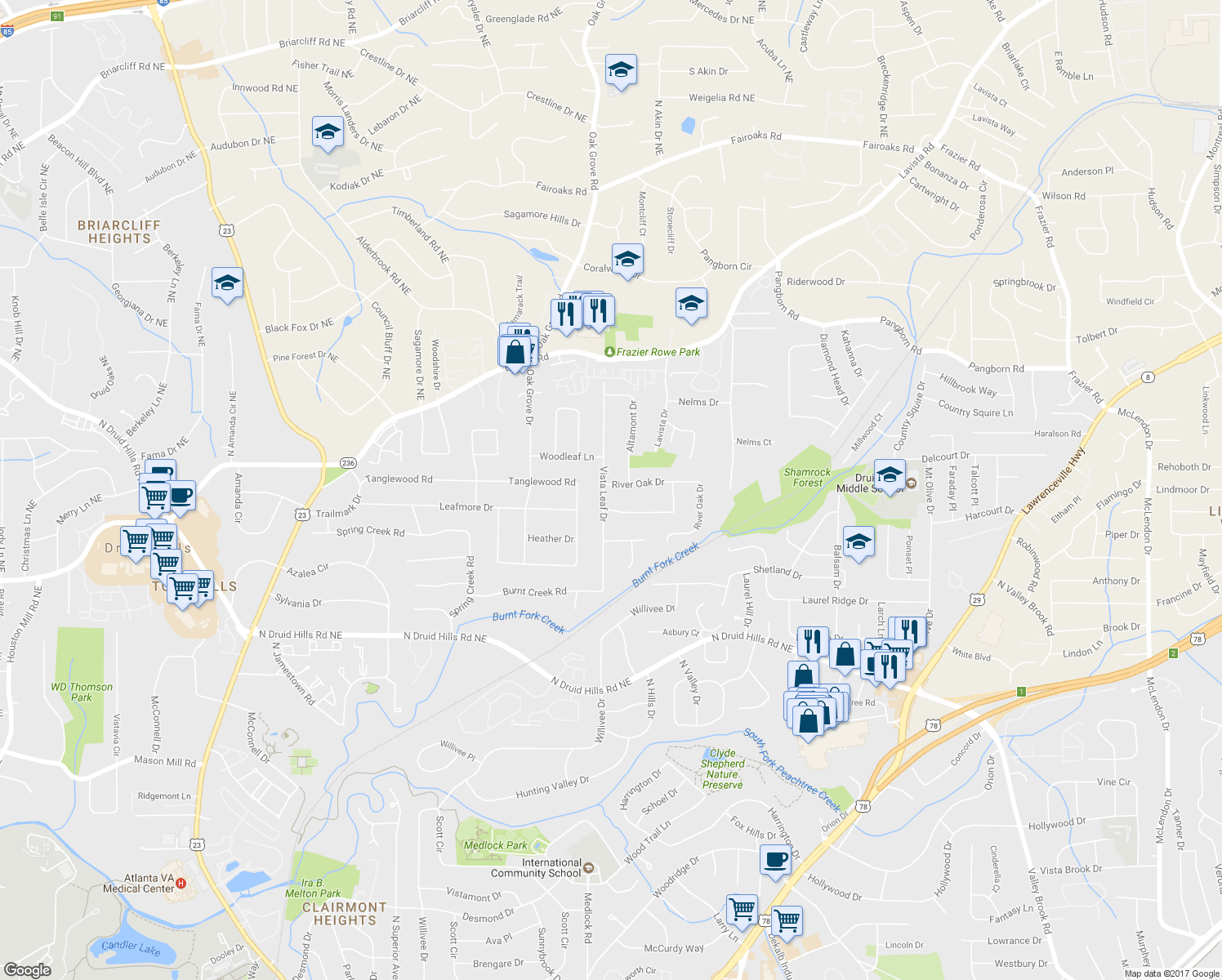 map of restaurants, bars, coffee shops, grocery stores, and more near 1335 Vista Leaf Drive in Decatur