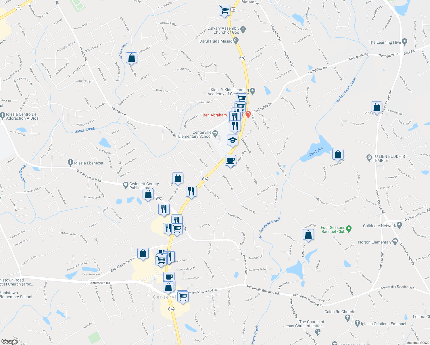 map of restaurants, bars, coffee shops, grocery stores, and more near 3172 Scenic Highway South in Snellville