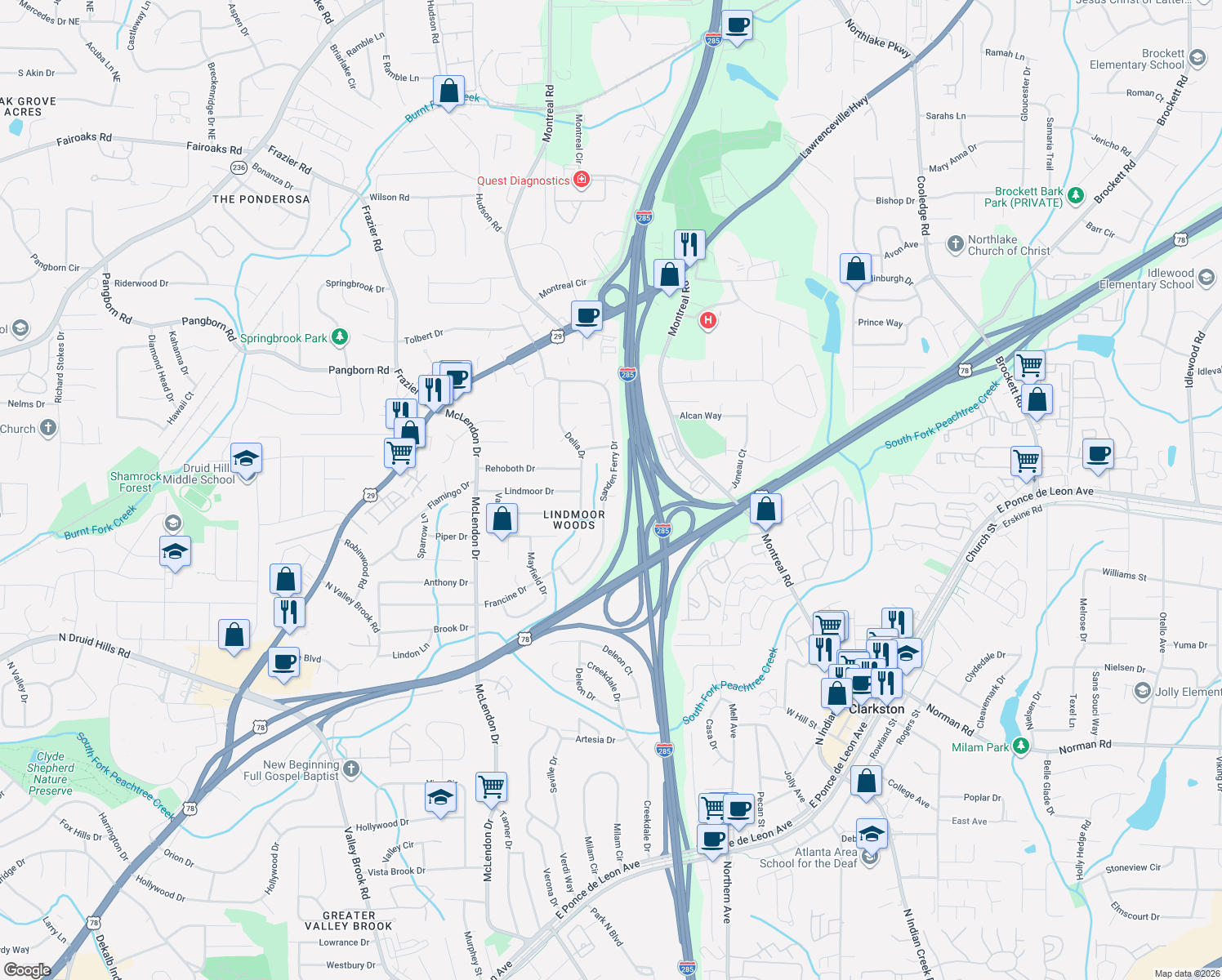 map of restaurants, bars, coffee shops, grocery stores, and more near 1333 Sanden Ferry Drive in Decatur