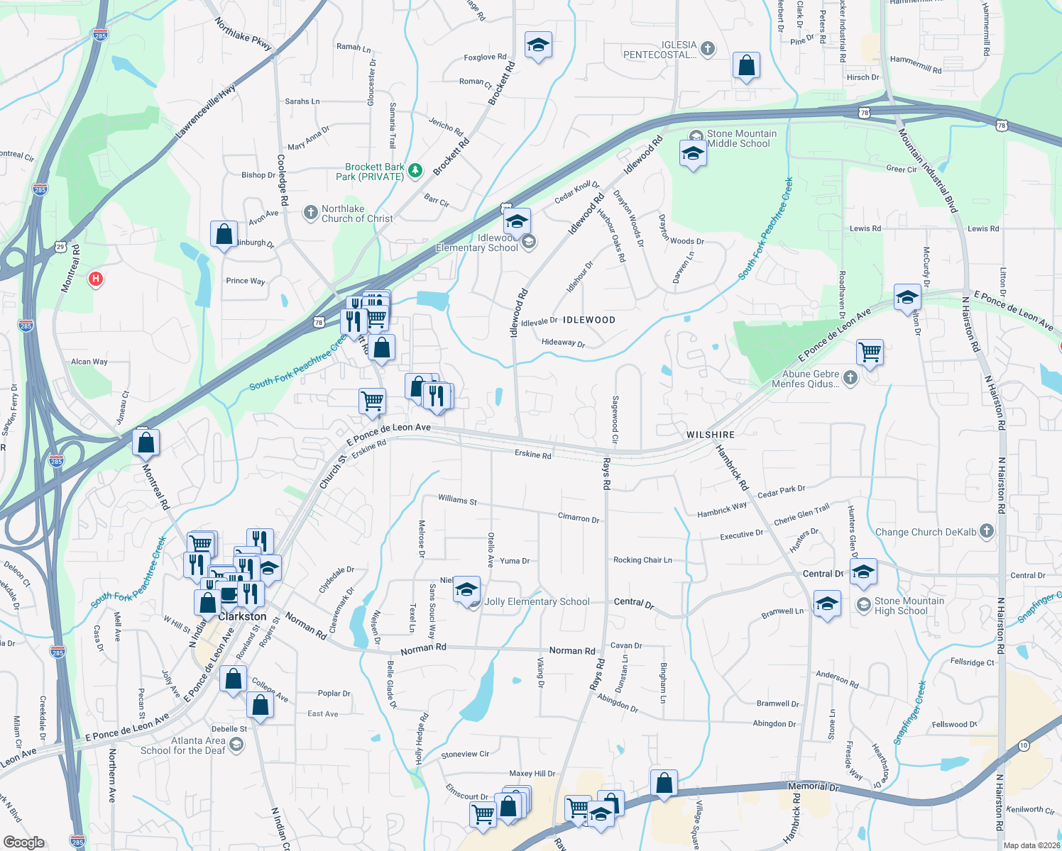 map of restaurants, bars, coffee shops, grocery stores, and more near 1257 Idlewood Rd in Tucker