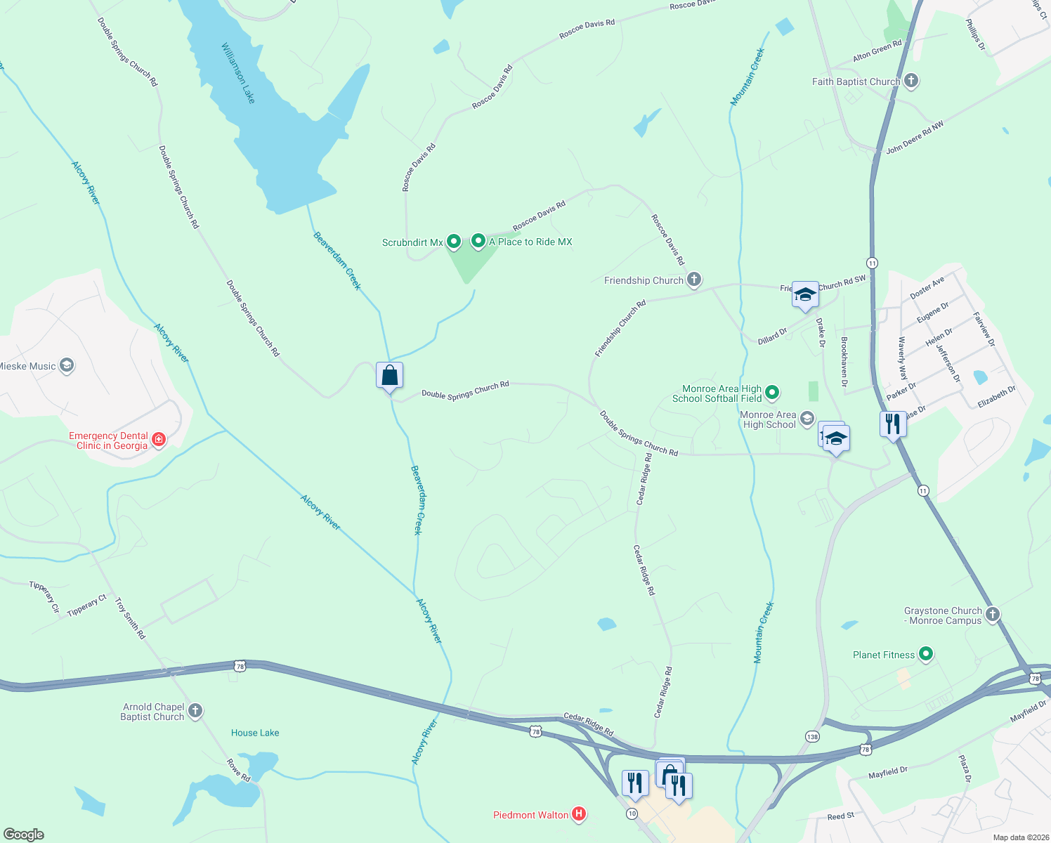 map of restaurants, bars, coffee shops, grocery stores, and more near 1406 Morgans Bluff in Monroe