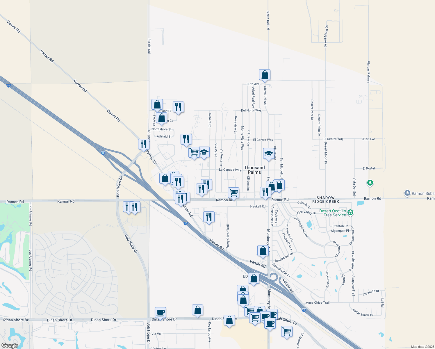 map of restaurants, bars, coffee shops, grocery stores, and more near 31580 Vía Pared in Thousand Palms