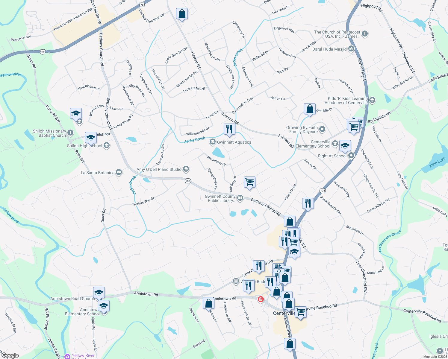map of restaurants, bars, coffee shops, grocery stores, and more near 2993 Beryton Pl in Snellville