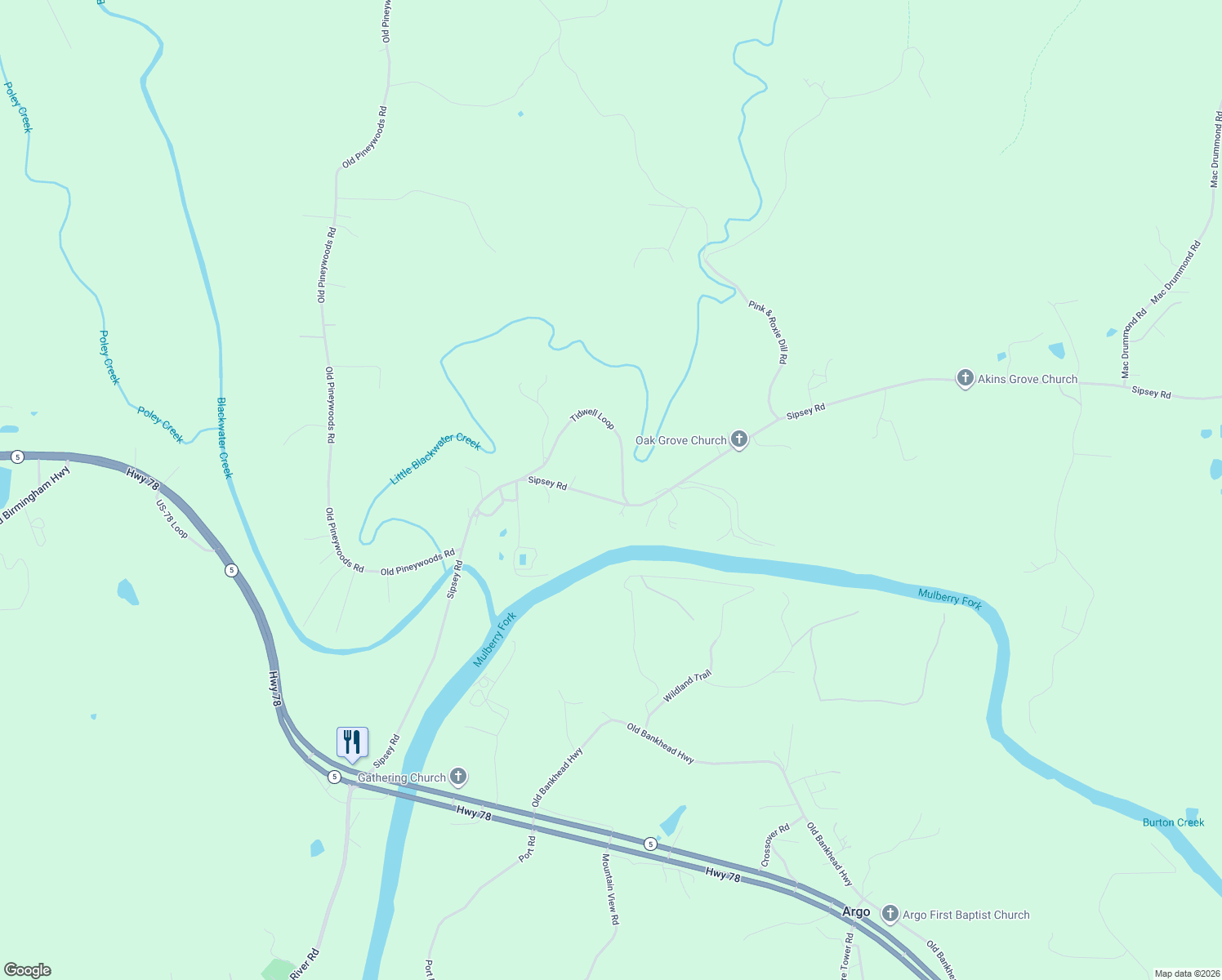 map of restaurants, bars, coffee shops, grocery stores, and more near 1186 Sipsey Road in Jasper