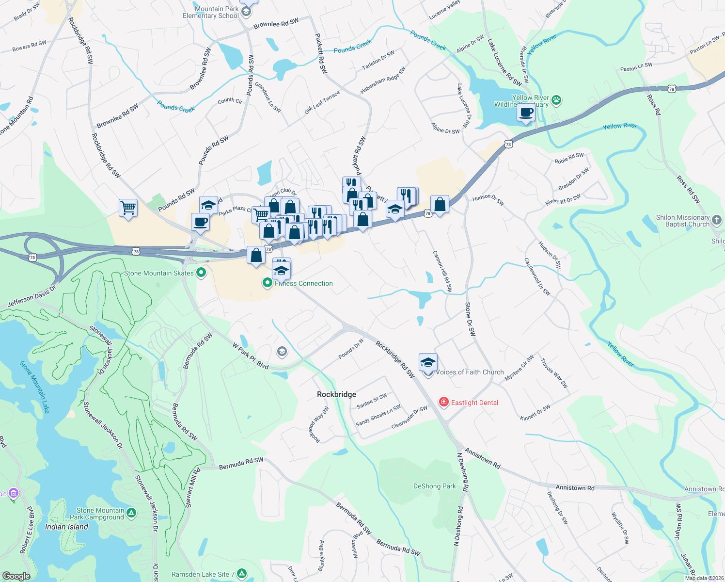 map of restaurants, bars, coffee shops, grocery stores, and more near 5131 Vivid Drive Southwest in Stone Mountain