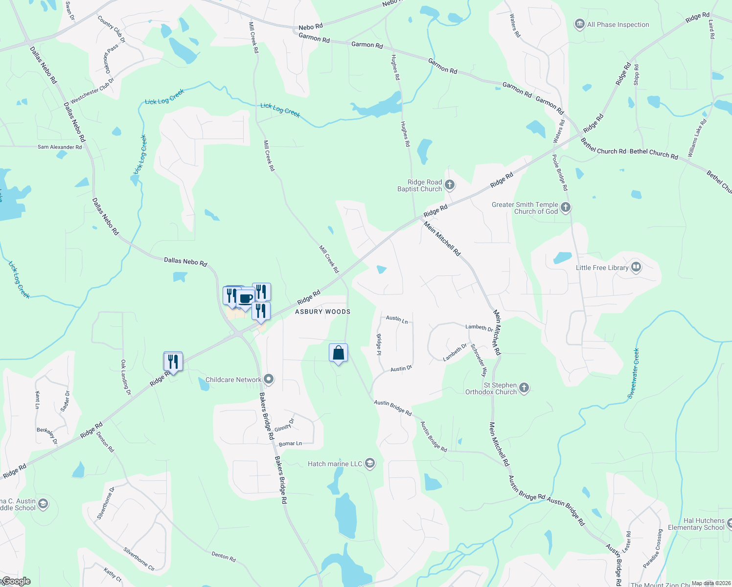 map of restaurants, bars, coffee shops, grocery stores, and more near 465 Ridge Run Drive in Hiram