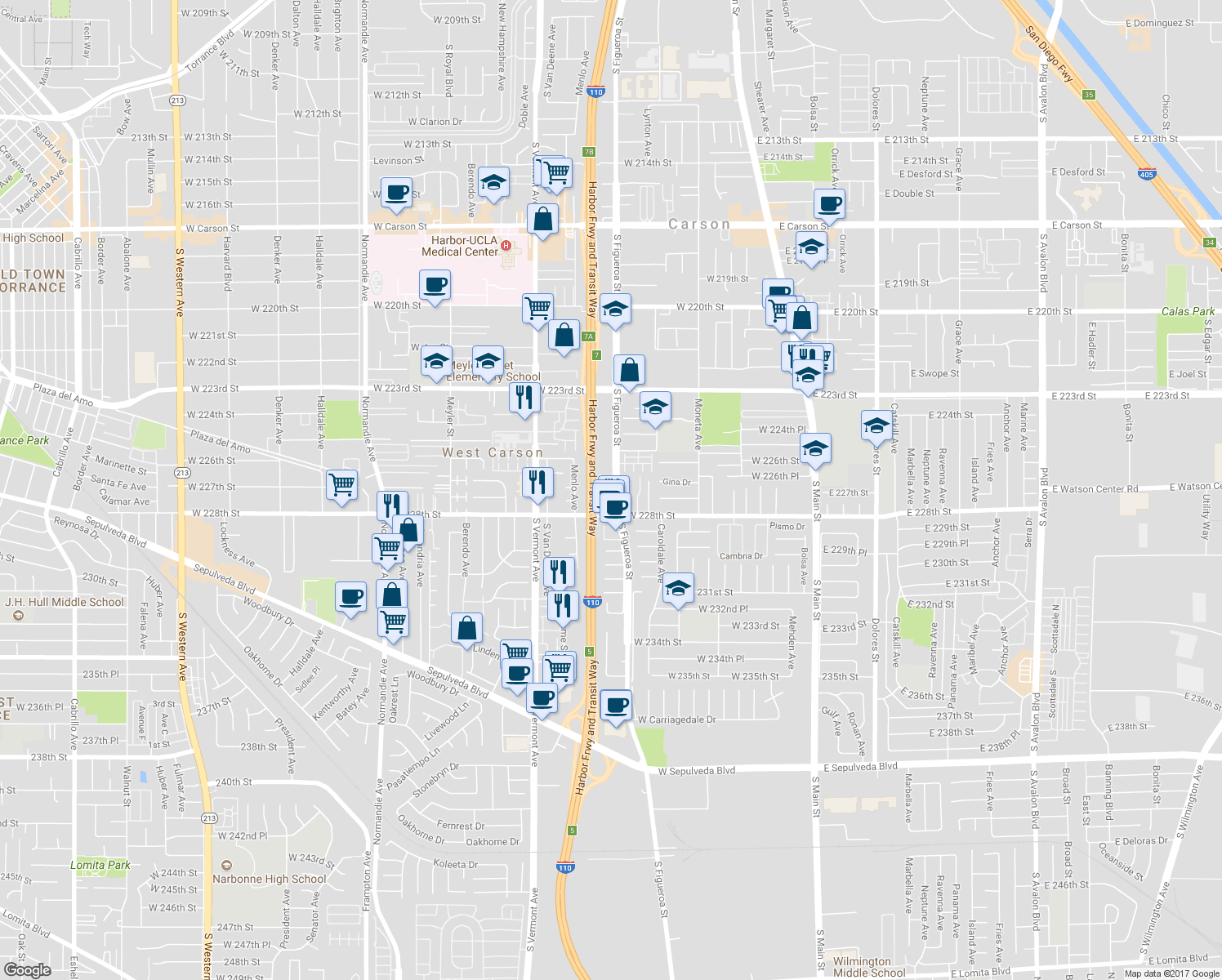 map of restaurants, bars, coffee shops, grocery stores, and more near 22707 South Figueroa Street in Carson