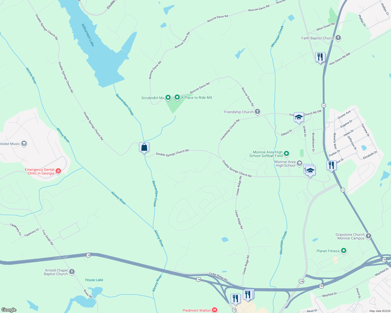 map of restaurants, bars, coffee shops, grocery stores, and more near 1406 Morgans Bluff in Monroe