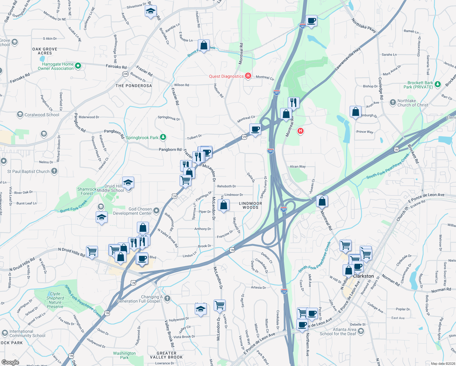 map of restaurants, bars, coffee shops, grocery stores, and more near 3188 Rehoboth Dr in Decatur