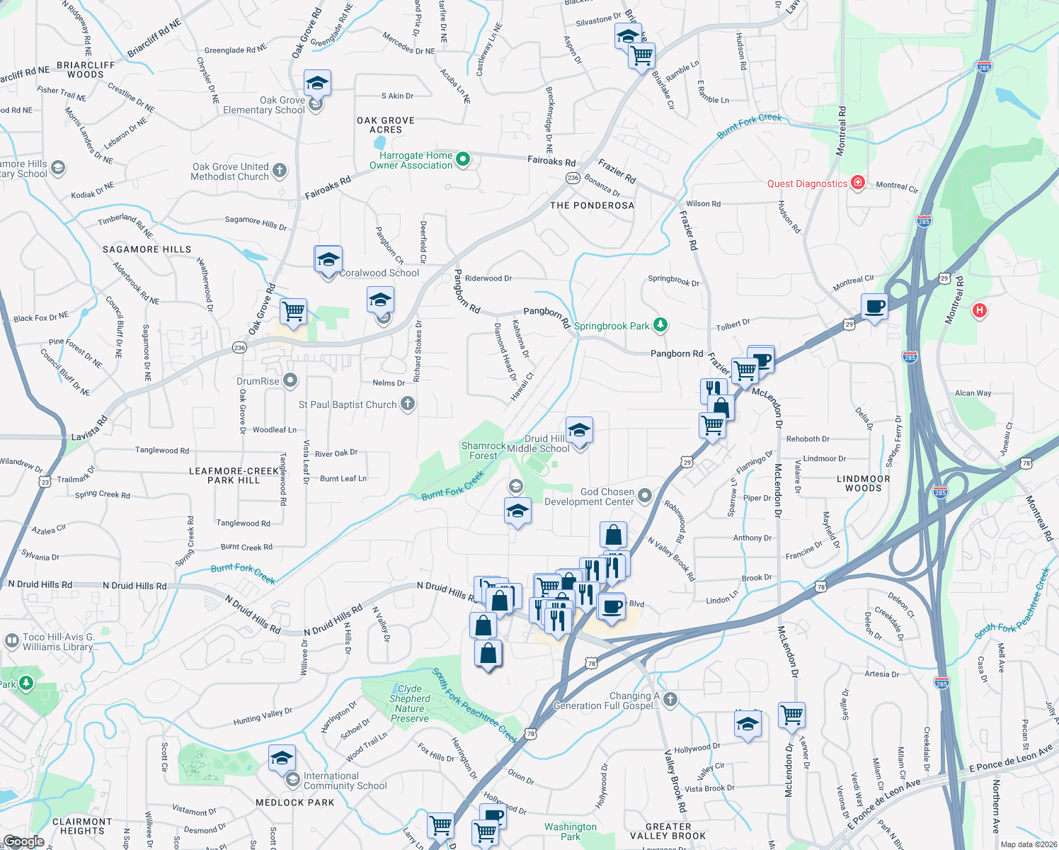 map of restaurants, bars, coffee shops, grocery stores, and more near 2709 Millwood Ct in Decatur