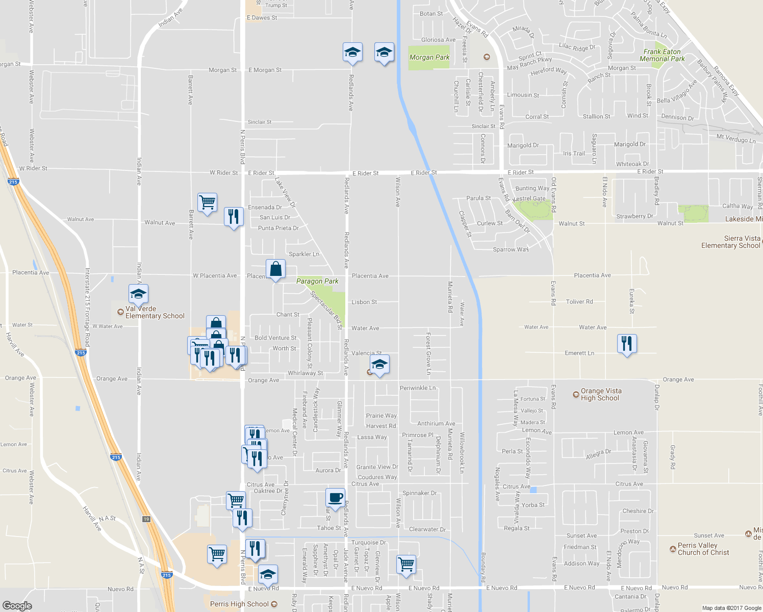 map of restaurants, bars, coffee shops, grocery stores, and more near 541 Lisbon Street in Perris