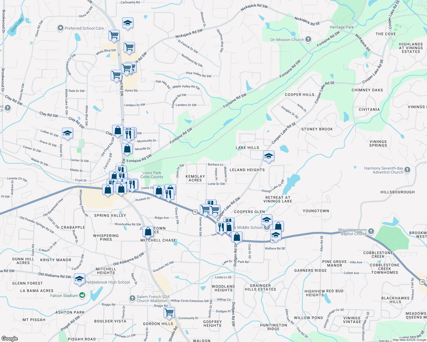 map of restaurants, bars, coffee shops, grocery stores, and more near 5460 Helen Place in Mableton