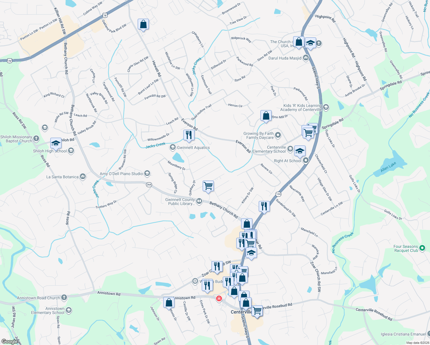 map of restaurants, bars, coffee shops, grocery stores, and more near 3734 Linwood Way in Snellville