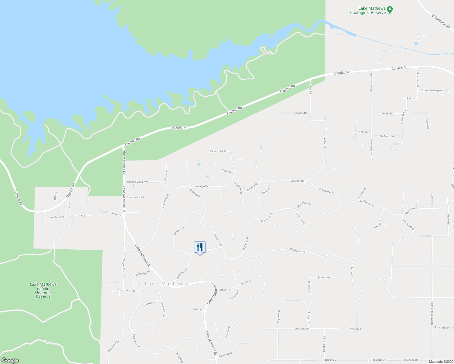 map of restaurants, bars, coffee shops, grocery stores, and more near 20204 Lakeridge Drive in Perris