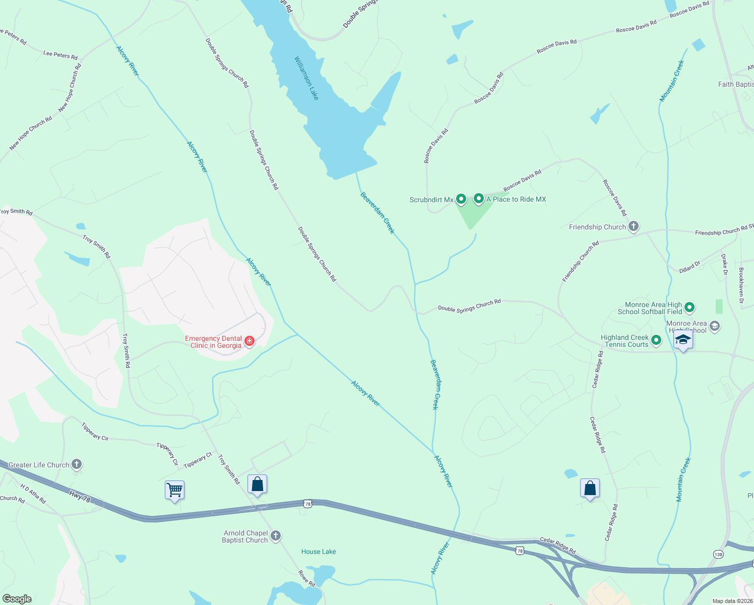 map of restaurants, bars, coffee shops, grocery stores, and more near 1860 Double Springs Church Road in Monroe