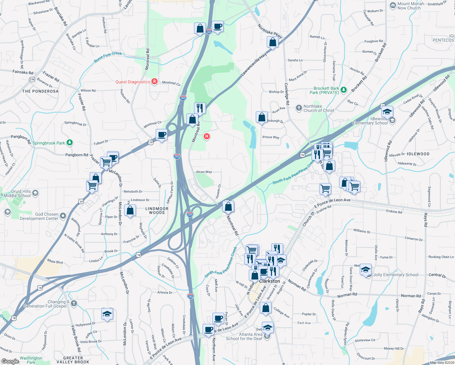 map of restaurants, bars, coffee shops, grocery stores, and more near 1394 MacKenzie Ct in Tucker