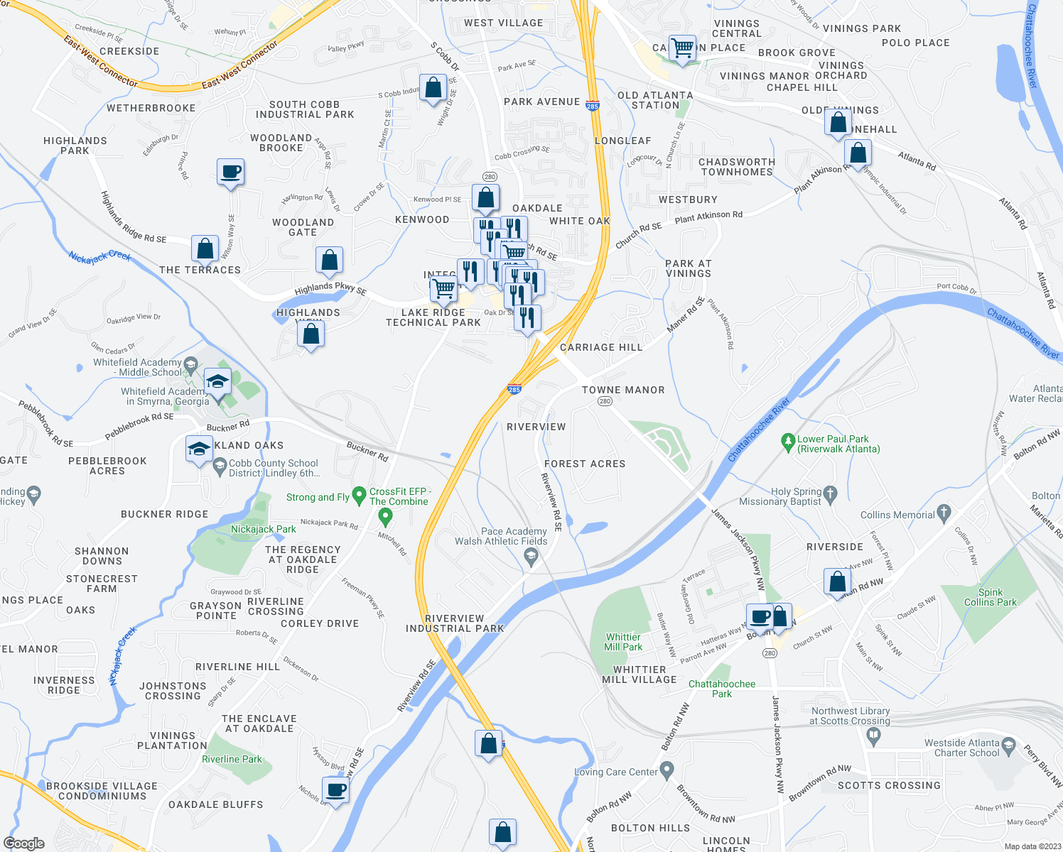 map of restaurants, bars, coffee shops, grocery stores, and more near 5343 Concordia Place in Mableton