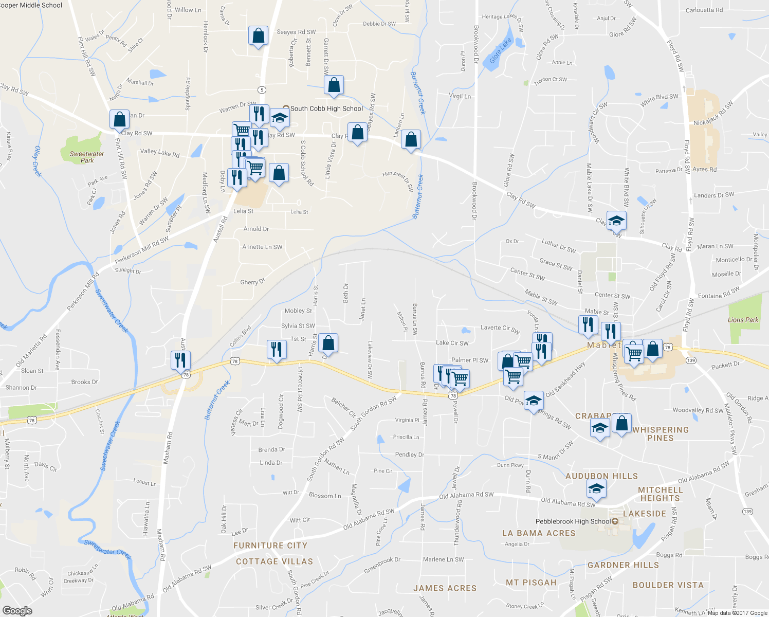 map of restaurants, bars, coffee shops, grocery stores, and more near 1552 Lake Circle Southwest in Austell