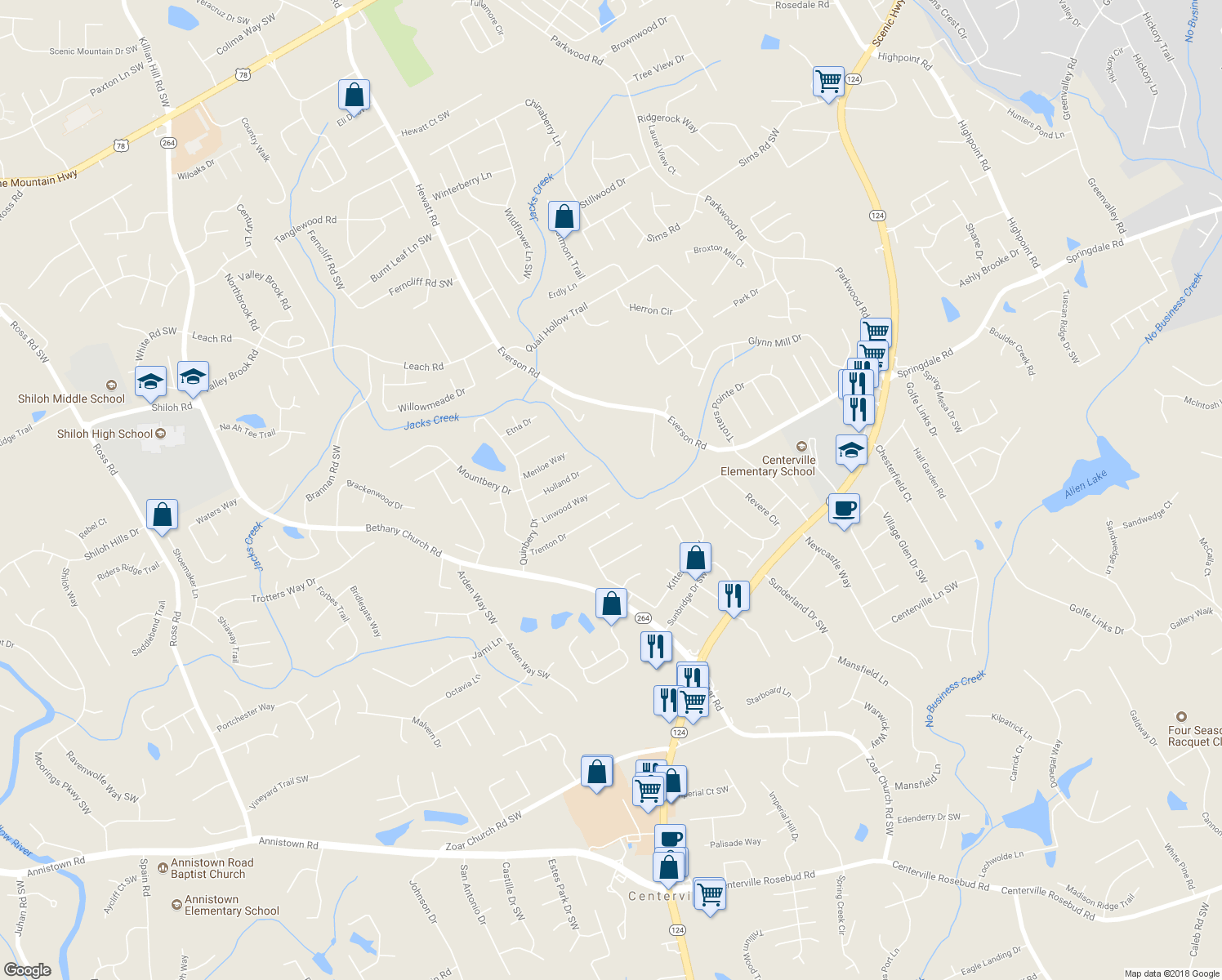 map of restaurants, bars, coffee shops, grocery stores, and more near 3694 Linwood Way in Snellville