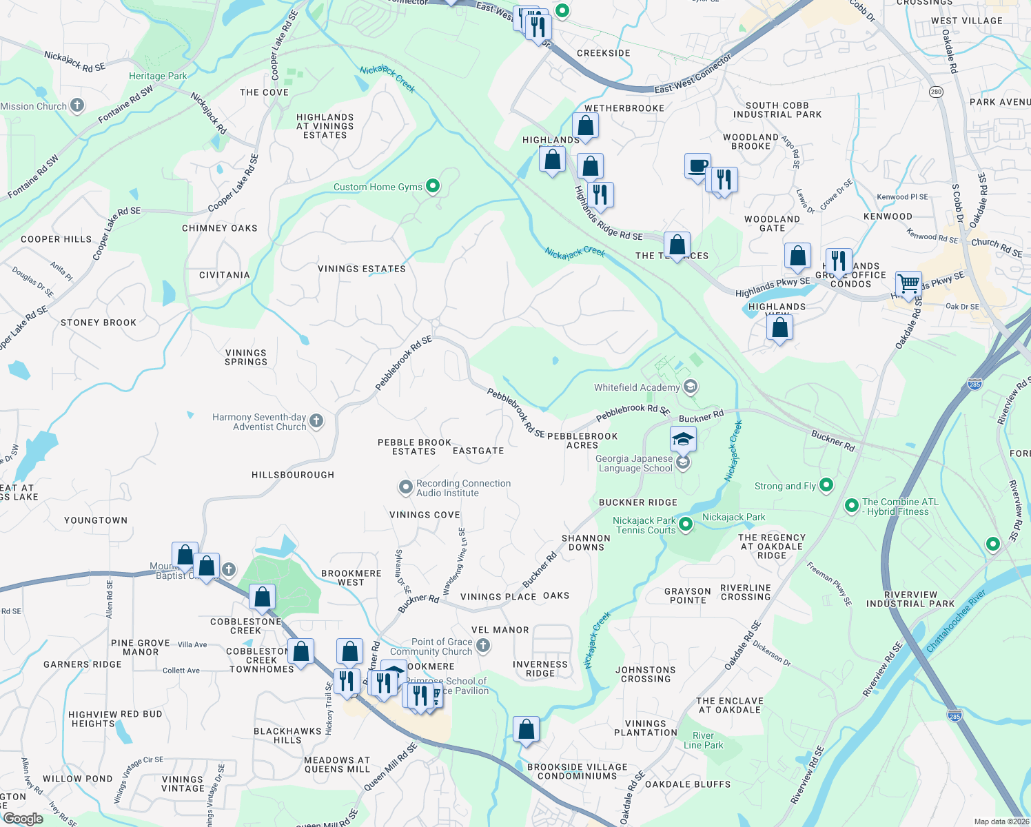 map of restaurants, bars, coffee shops, grocery stores, and more near 5347 Highland Pine Ln in Mableton